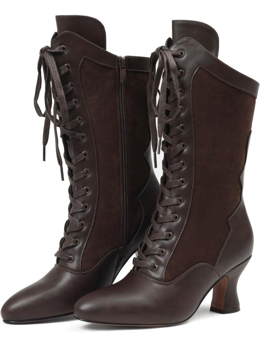 Women's Brown Victorian Medieval Vintage Mid-Calf Boots -Kitten Heels Lace up